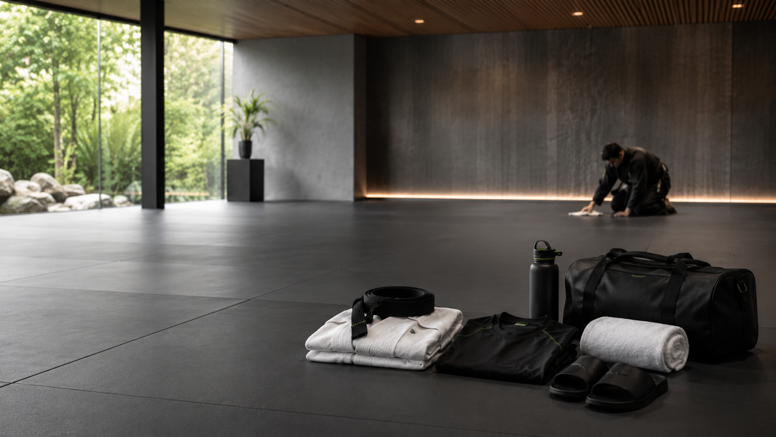 Minimalistische BJJ-Akademie bei Sonnenaufgang mit gefaltetem Gi, schwarzem Gürtel, Trinkflasche, Notizbuch und meditierendem Jiu-Jitsu-Athleten.