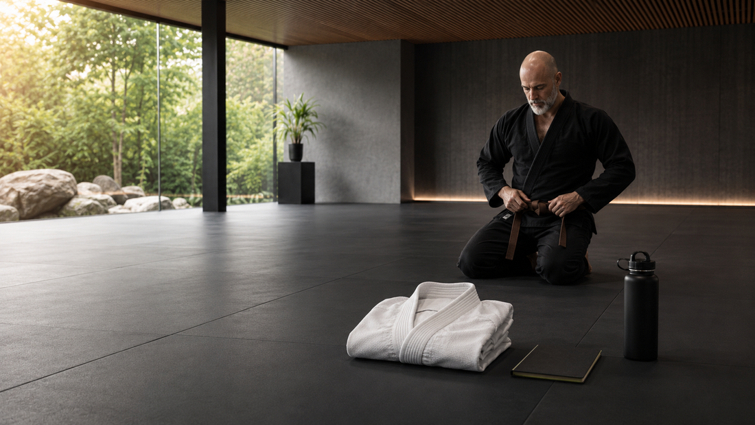 Minimalistische BJJ-Akademie bei Sonnenaufgang mit gefaltetem Gi, Trinkflasche, Notizbuch und meditierendem Jiu-Jitsu-Athleten.