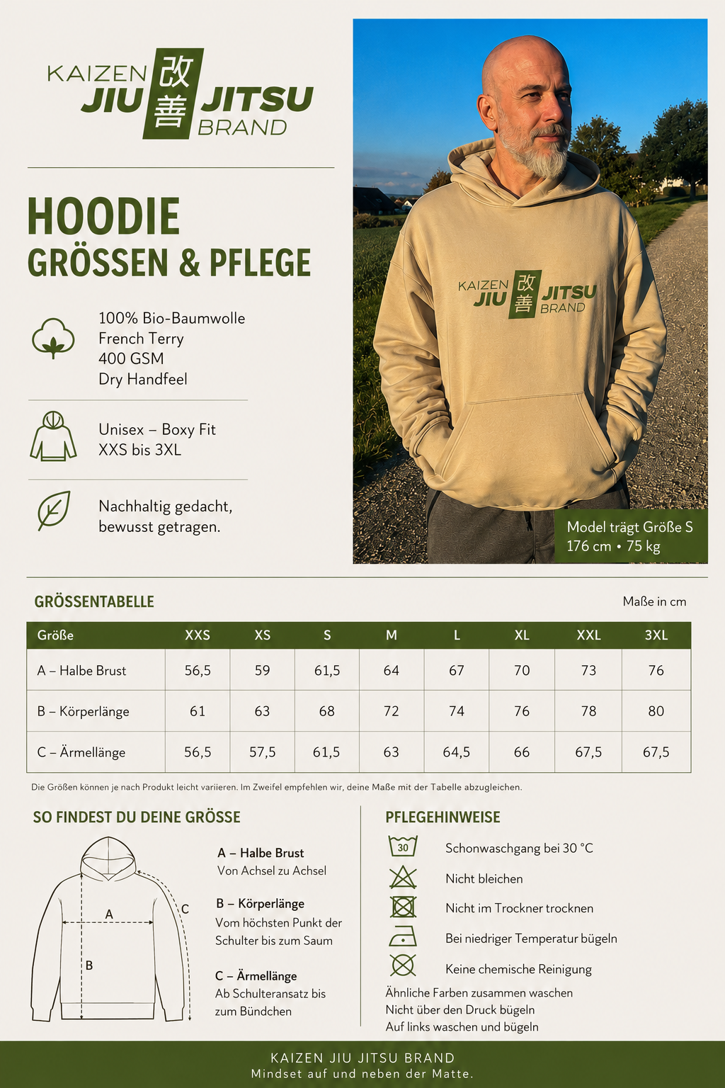 Kaizen Hoodie Grössentabelle und Pflegehinweise – 100% Bio-Baumwolle, French Terry 400 g/m², Boxy Fit