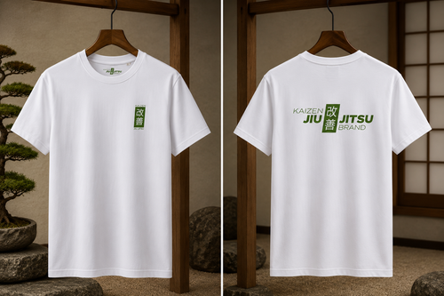 Kaizen T-Shirt White – Vorder- und Rückansicht, 180 g/m² Bio-Baumwolle, Rippkragen
