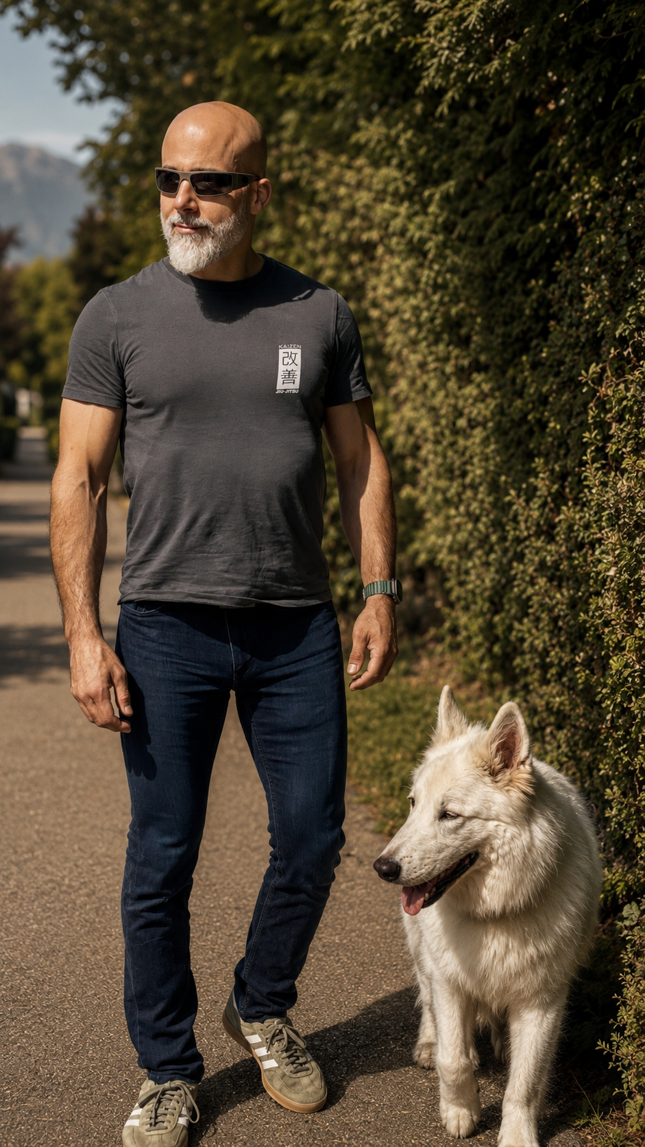 Mann im grauen Kaizen Jiu-Jitsu T-Shirt mit Hund im Freien – BJJ Lifestyle Shirt, Frontansicht