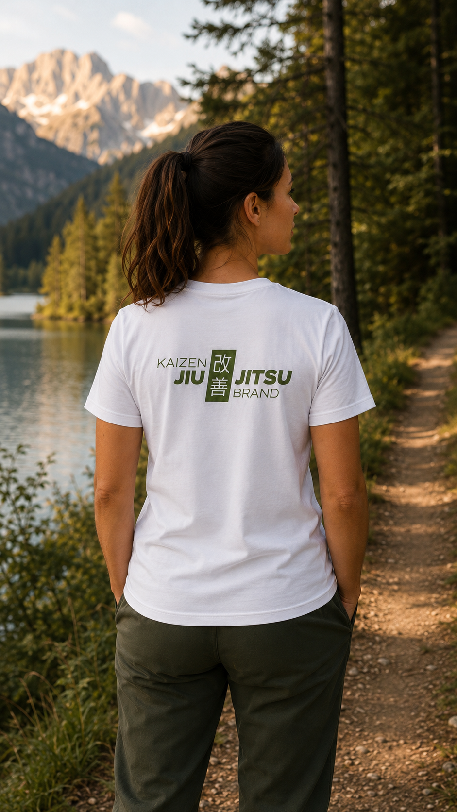 Frau im weissen Kaizen Jiu-Jitsu T-Shirt am Bergsee – Rückenlogo, Rückansicht
