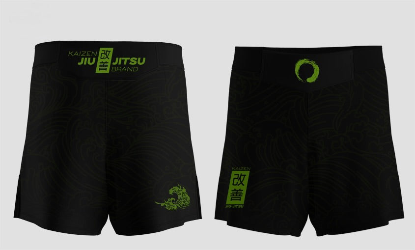 KAIZEN Core No-Gi Shorts, Vorder- und Rückansicht ohne Klettverschluss mit tonalem Wave Pattern